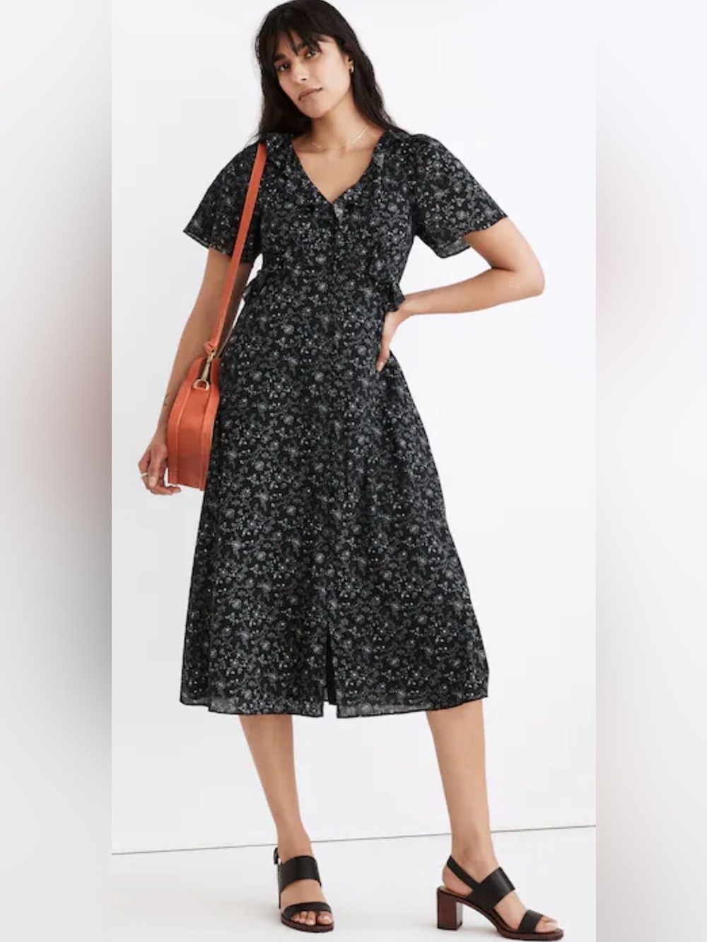 MADEWELL RUFFLED TIERED MIDI DRESS IN DOTTED VINES, TRUE BLACK, SIZE 10.